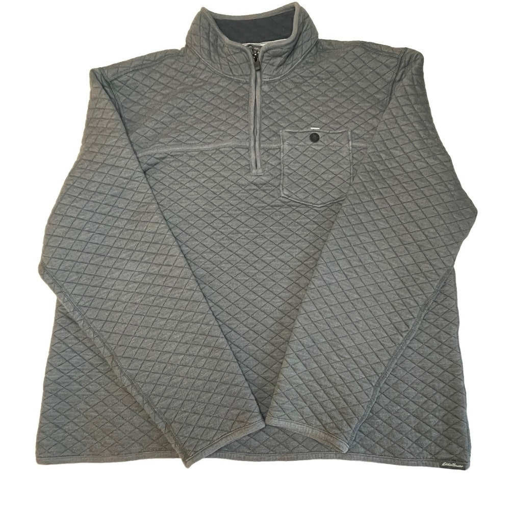 Eddie Bauer Quilted Quarter Zip Pullover Mens L Gray Excellent Diamond Pattern